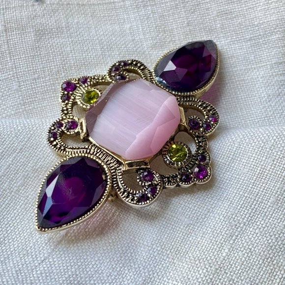 Amethyst & Satin Pink Opalescent Czech Glass Brooch - Picture 2 of 3